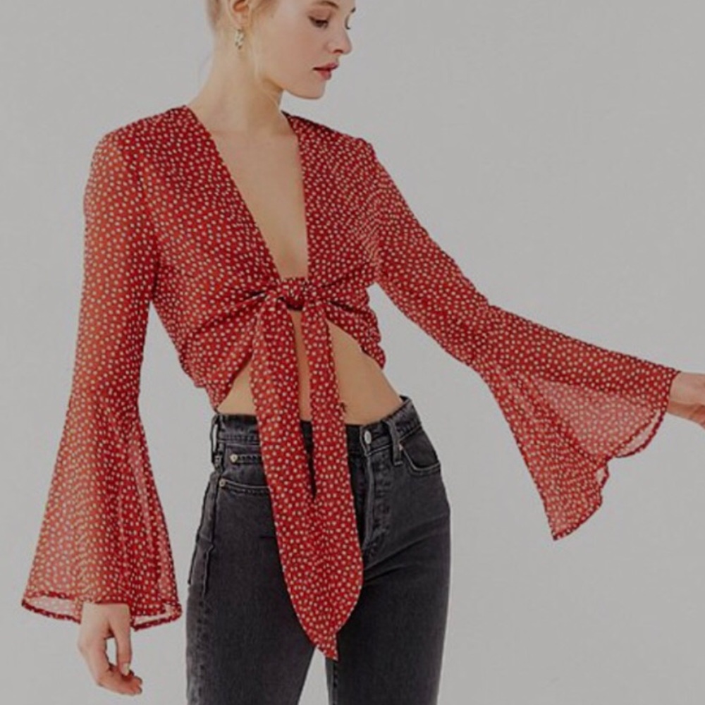 Urban Outfitters blouse star print red tie sheer top size small whimsy festival